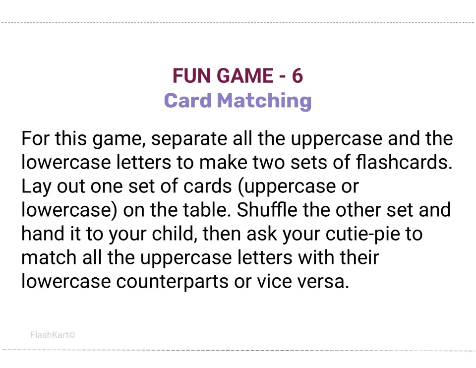 Card Matching game: children match a shuffled set of lowercase cards to the uppercase cards laid out on the table