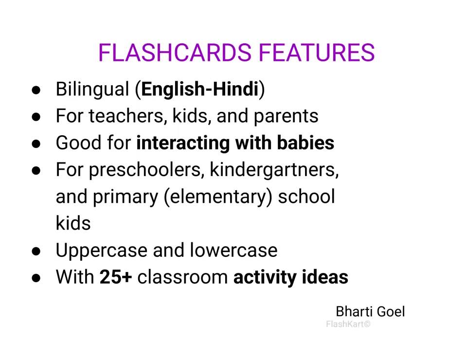 Flashcards features list: bilingual English-Hindi cards in uppercase and lowercase, with 25+ classroom activity ideas