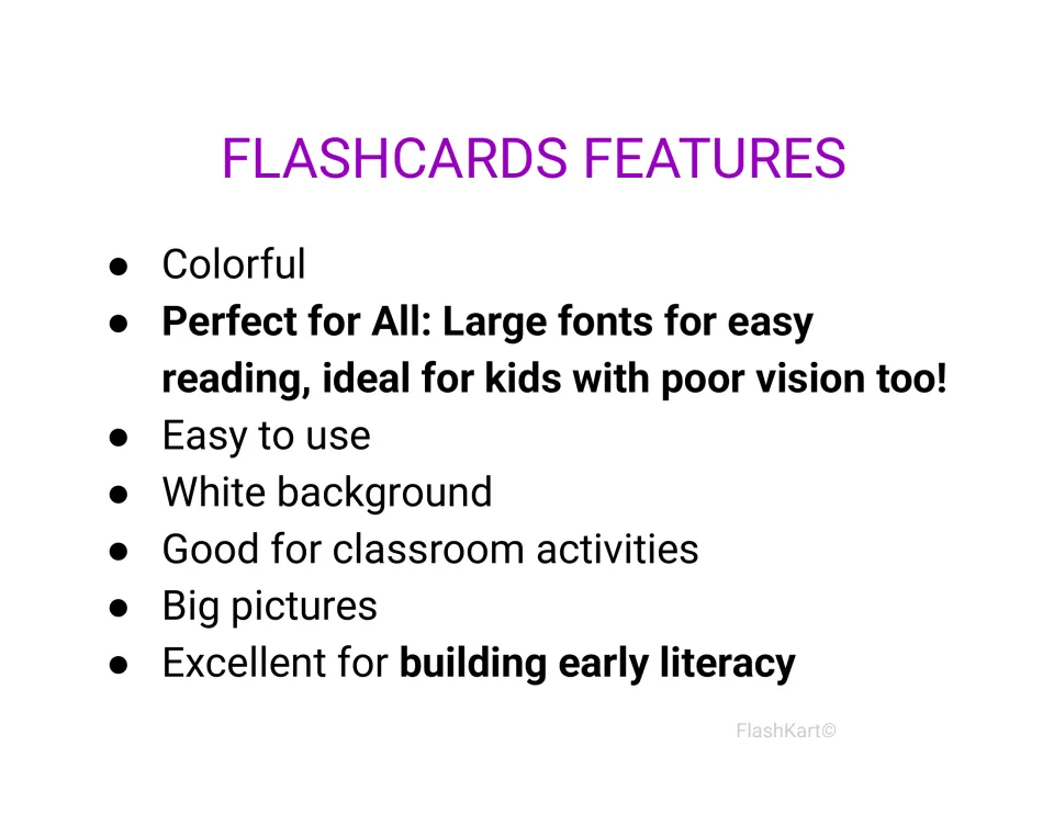 Second flashcards features list noting large fonts, big pictures, white backgrounds and use in classroom activities