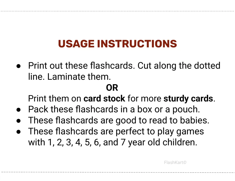 Usage instructions: print the flashcards, cut on the dotted line and laminate, or print on card stock and store in a pouch