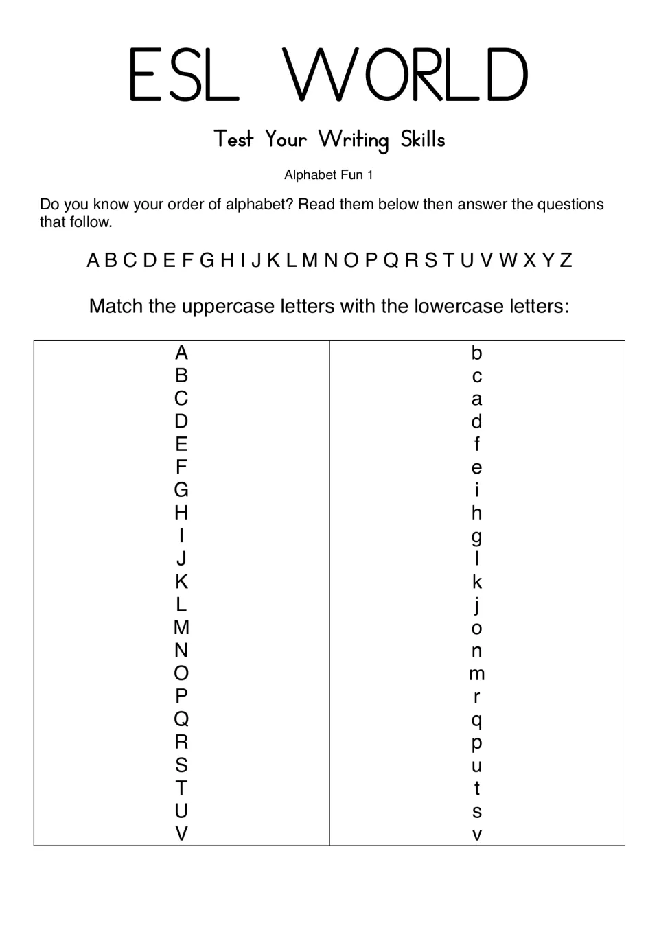 Alphabet order review: students read the A to Z alphabet, then match uppercase letters A to V to scrambled lowercase