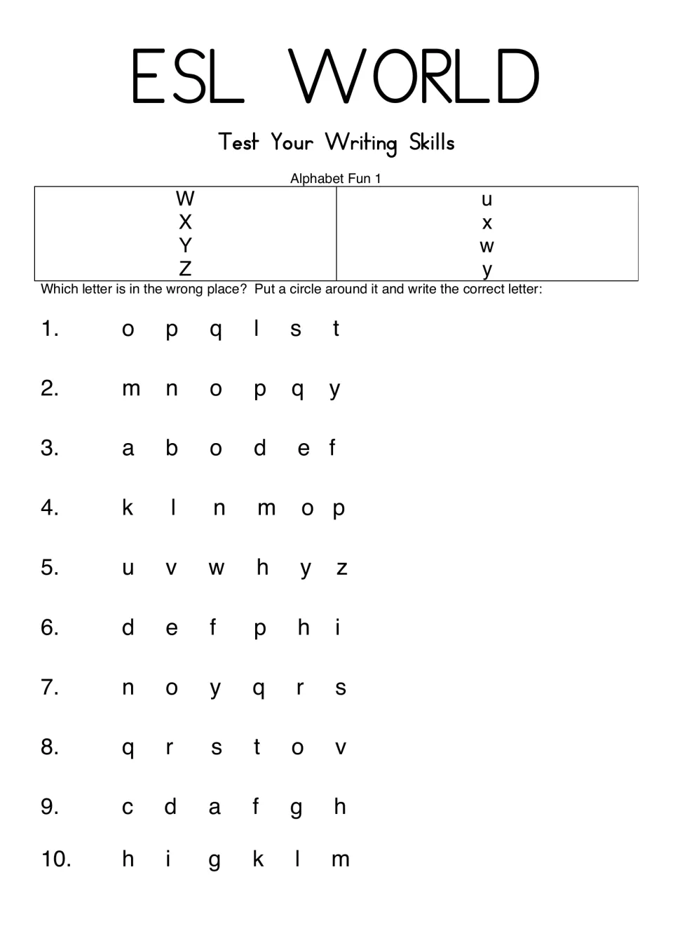 Alphabet sequencing: students match W to Z, then circle the misplaced letter in 10 rows and write the correct one