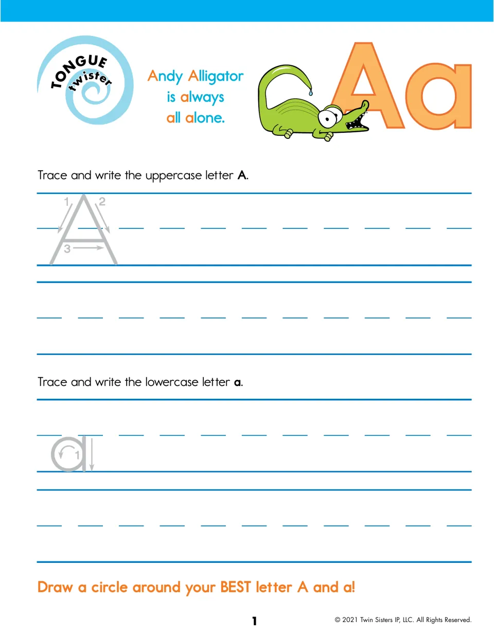 Letter A handwriting: students trace and write uppercase A and lowercase a, then read the Andy Alligator tongue twister