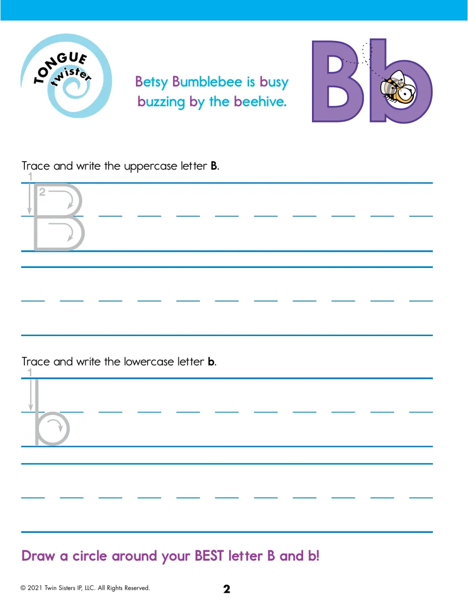 Letter B handwriting: students trace and write B and b with numbered stroke arrows; tongue twister about Betsy Bumblebee