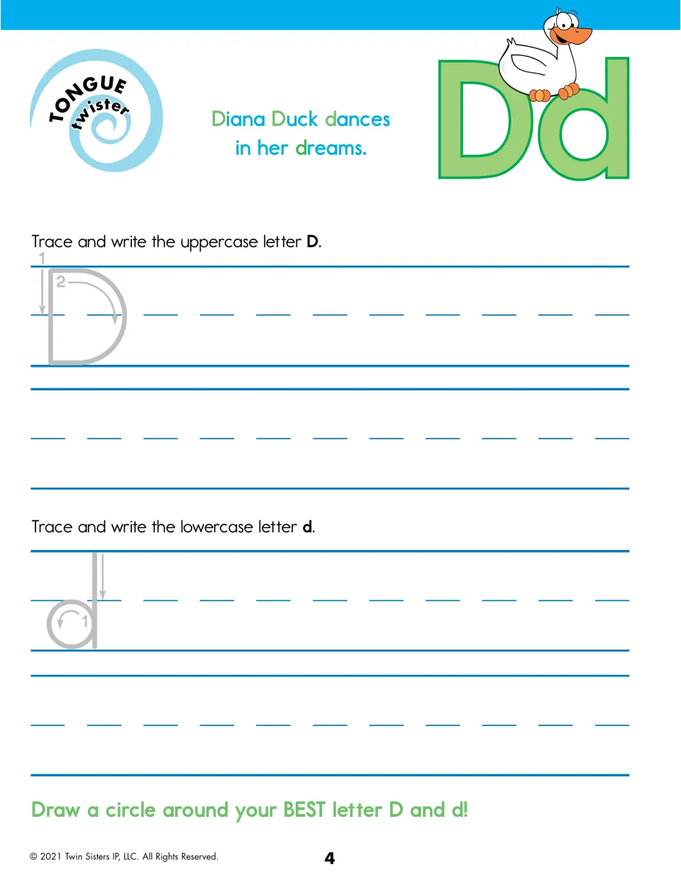 Letter D handwriting: students trace and write D and d, then circle their best letters; Diana Duck dances tongue twister