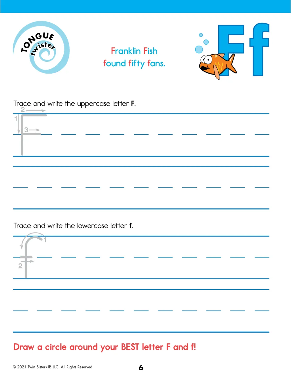Letter F handwriting: students trace and write uppercase F and lowercase f; Franklin Fish found fifty fans tongue twister