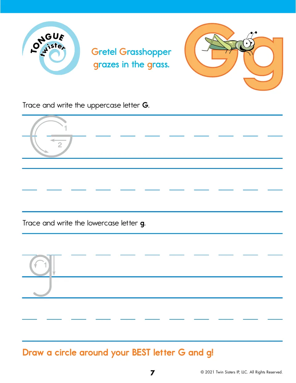 Letter G handwriting: students trace and write G and g, including the descender of g; Gretel Grasshopper tongue twister