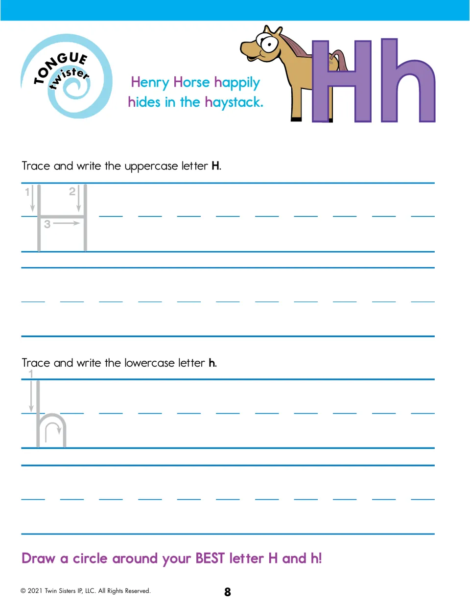 Letter H handwriting: students trace and write uppercase H and lowercase h; Henry Horse haystack tongue twister