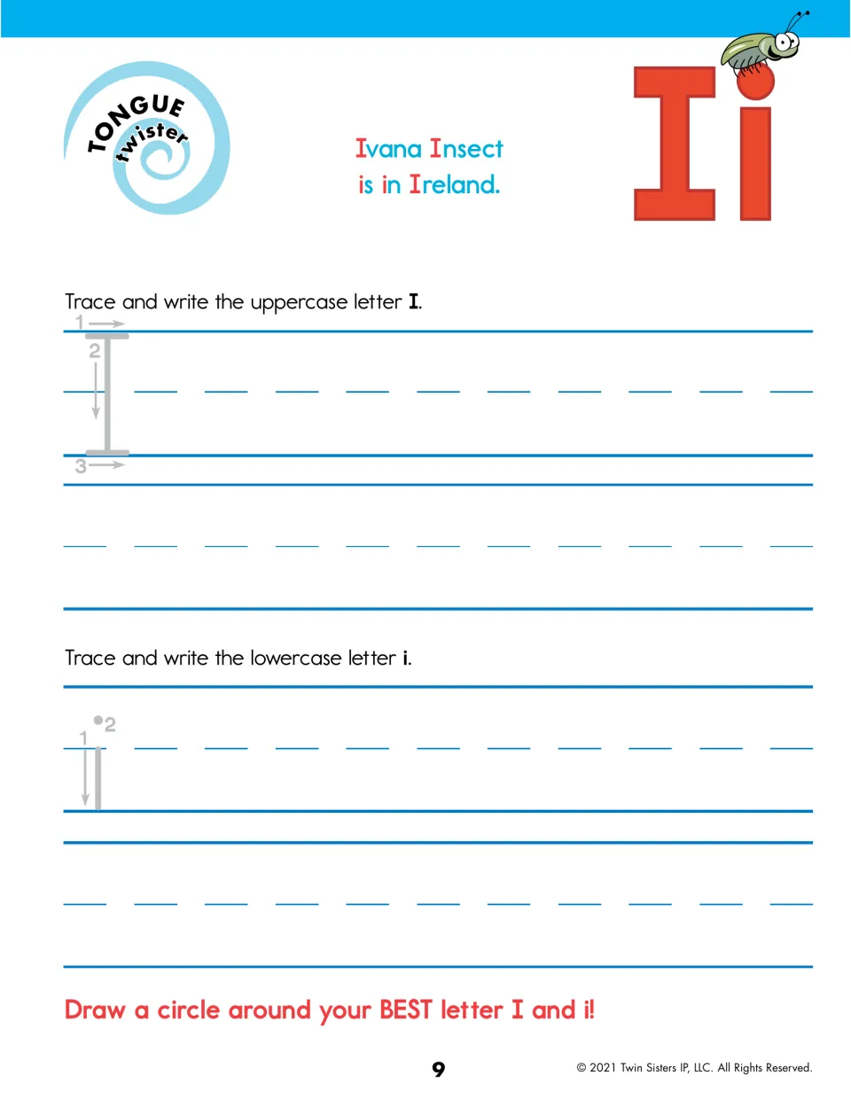 Letter I handwriting: students trace and write I with crossbars and dotted lowercase i; Ivana Insect is in Ireland twister