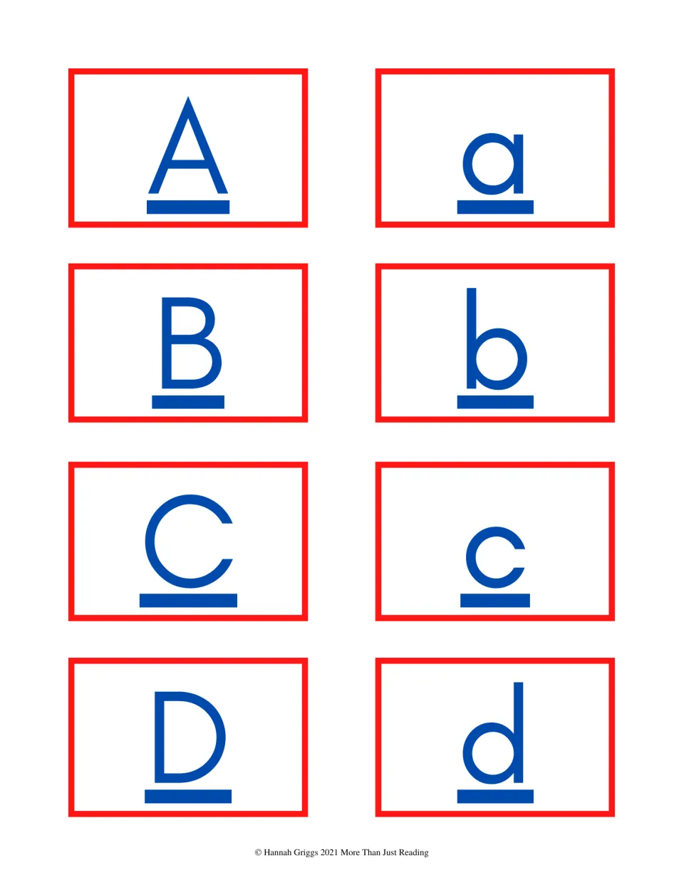 Color alphabet cards 1–8 show uppercase and lowercase A, B, C, and D as separate cards for matching pairs