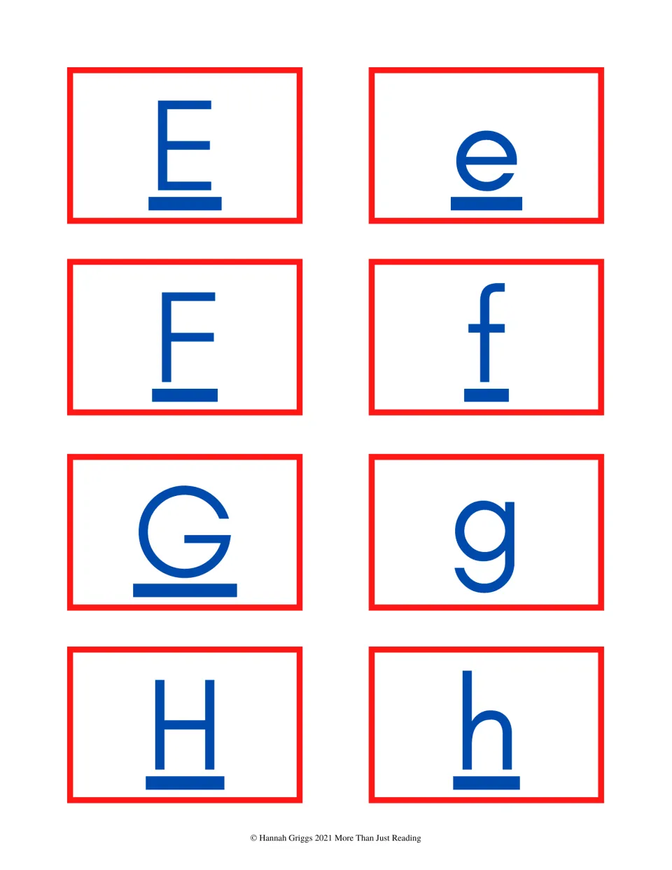 Color alphabet cards 9–16 show uppercase and lowercase E, F, G, and H as separate cards for matching pairs