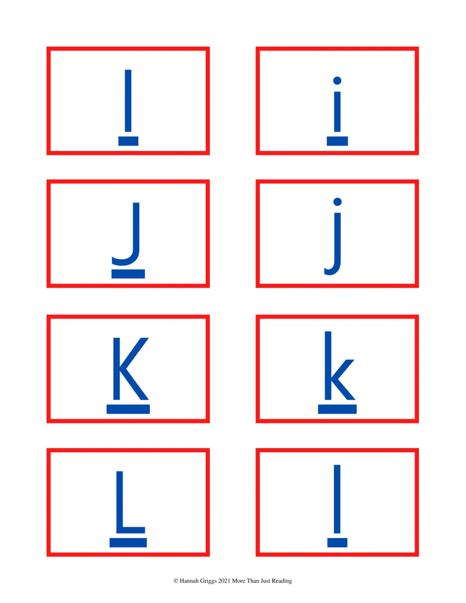 Color alphabet cards 17–24 show uppercase and lowercase I, J, K, and L as separate cards for matching pairs