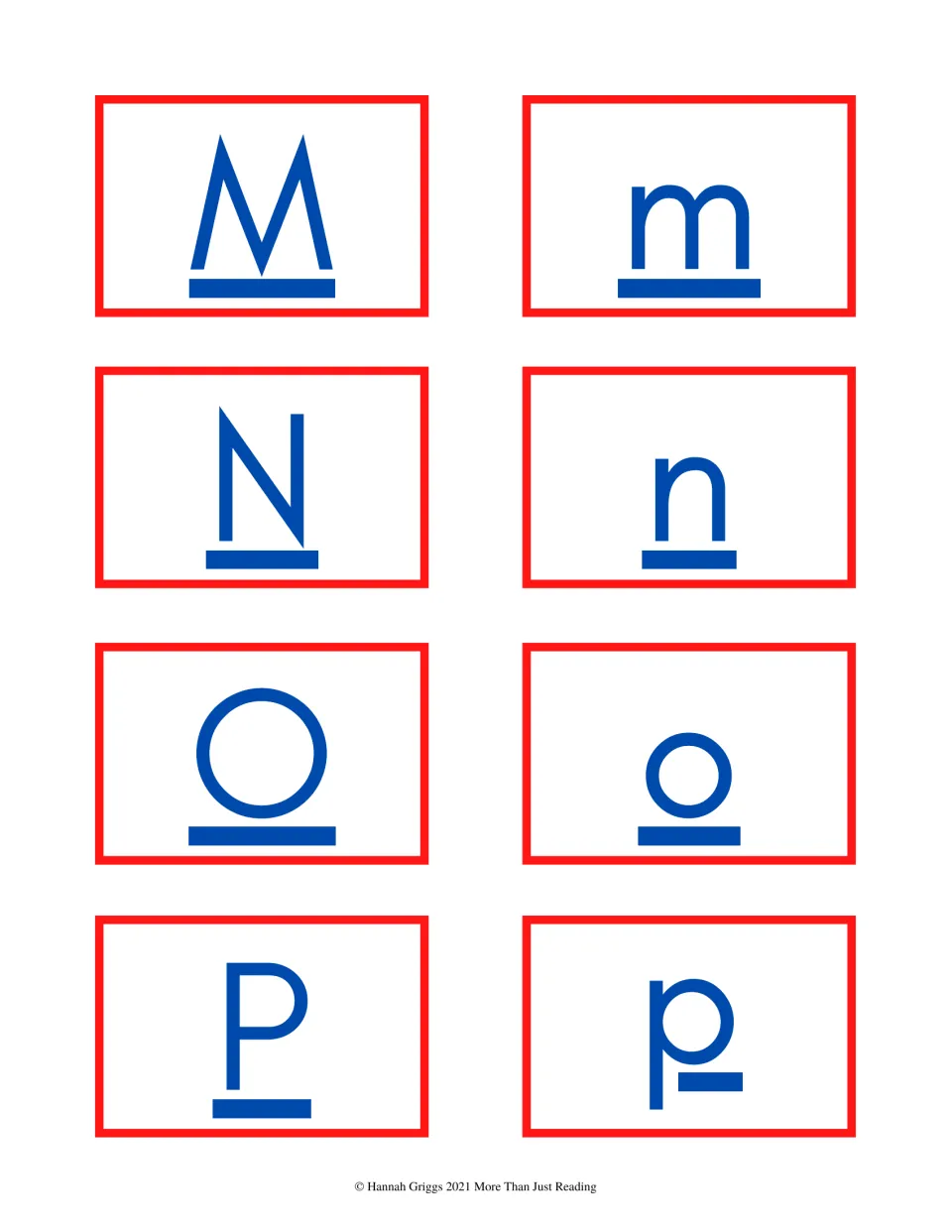 Color alphabet cards 25–32 show uppercase and lowercase M, N, O, and P as separate cards for matching pairs
