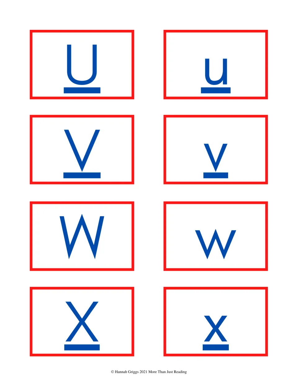 Color alphabet cards 41–48 show uppercase and lowercase U, V, W, and X as separate cards for matching pairs