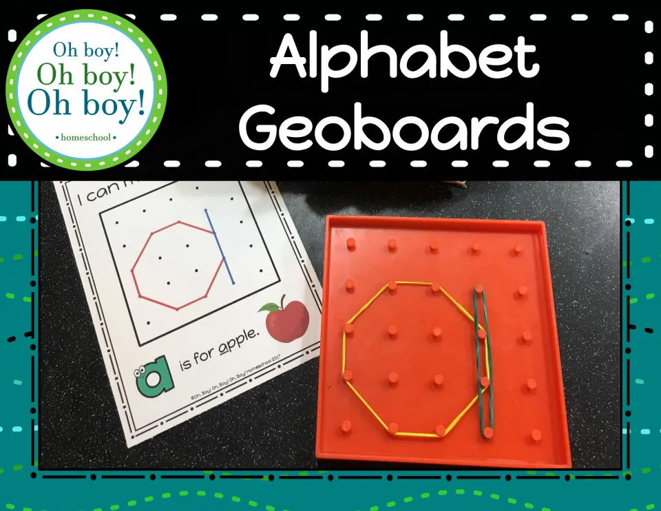 Alphabet Geoboards cover showing a lowercase a model card beside a matching rubber-band letter on a geoboard