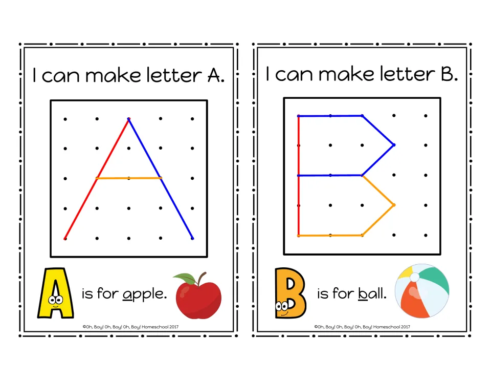 Uppercase A and B geoboard cards showing rubber-band letter models and the picture words apple and ball