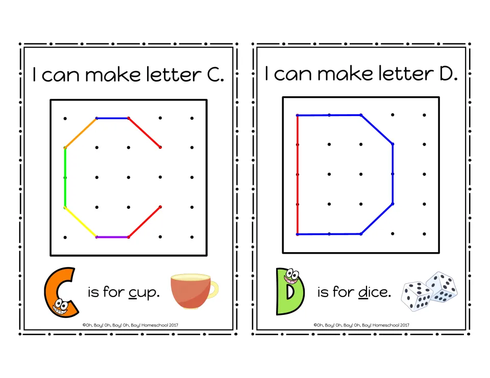 Uppercase C and D geoboard cards showing rubber-band letter models and the picture words cup and dice