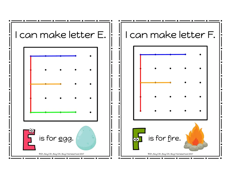 Uppercase E and F geoboard cards showing rubber-band letter models and the picture words egg and fire