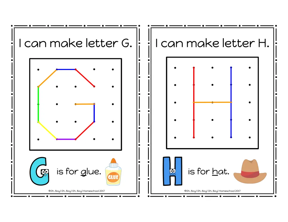 Uppercase G and H geoboard cards showing rubber-band letter models and the picture words glue and hat