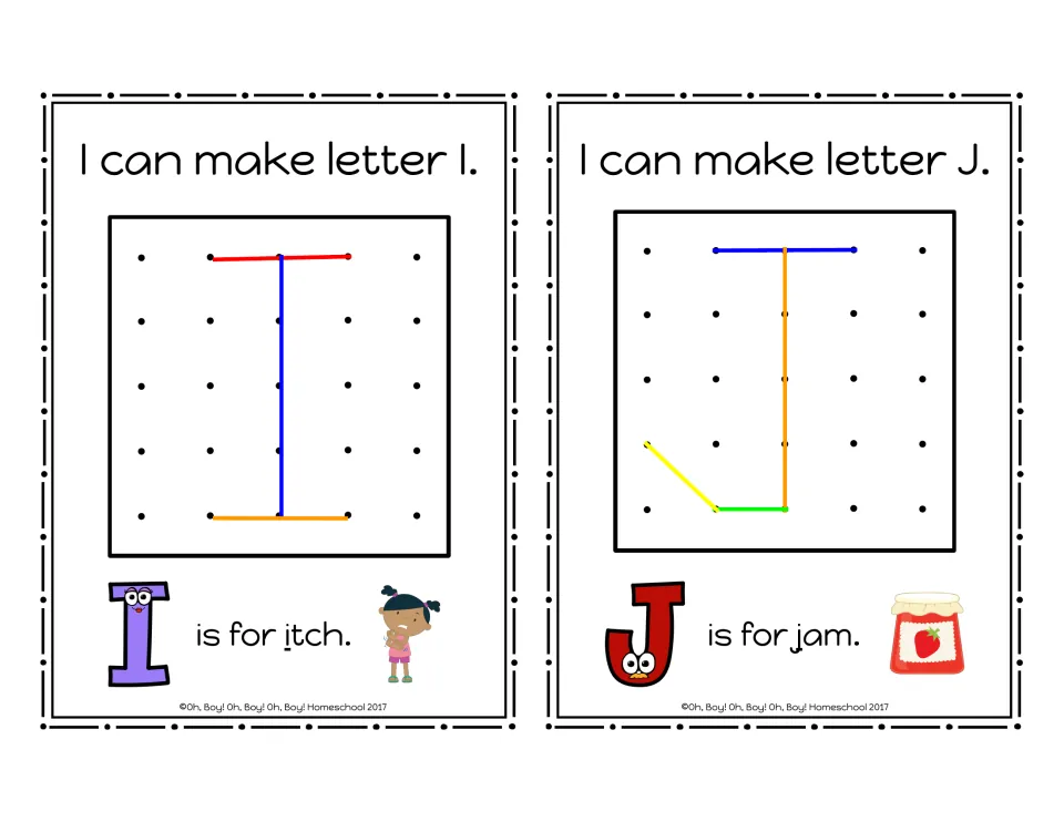 Uppercase I and J geoboard cards showing rubber-band letter models and the picture words itch and jam