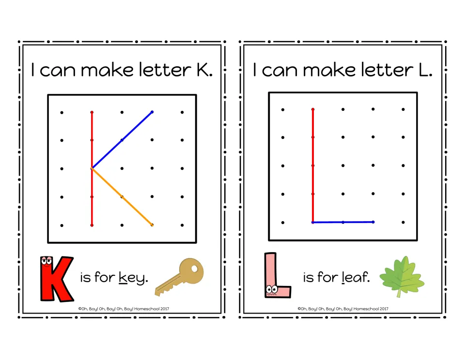 Uppercase K and L geoboard cards showing rubber-band letter models and the picture words key and leaf