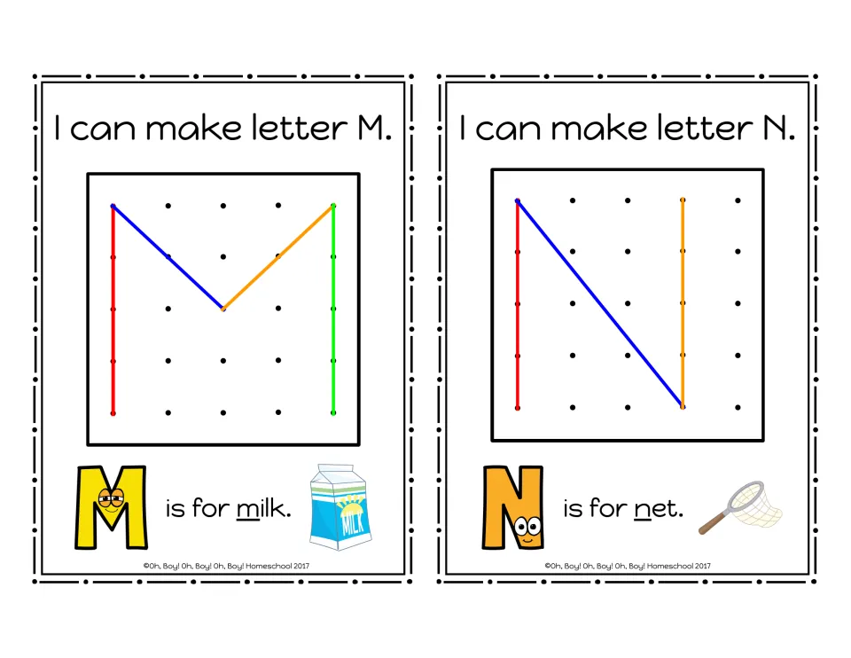 Uppercase M and N geoboard cards showing rubber-band letter models and the picture words milk and net