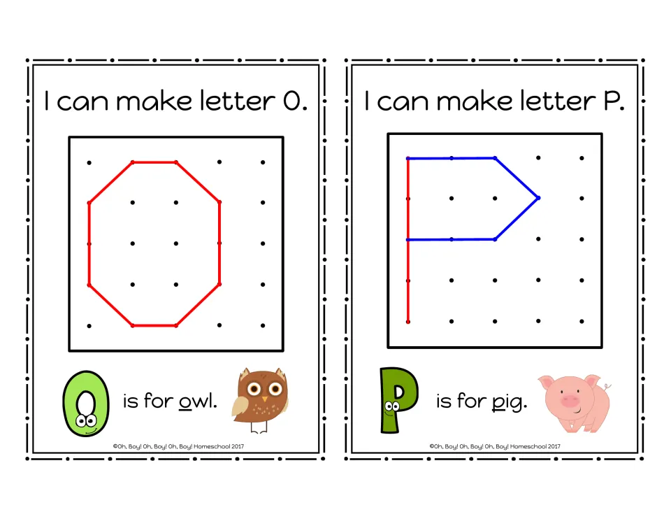 Uppercase O and P geoboard cards showing rubber-band letter models and the picture words owl and pig
