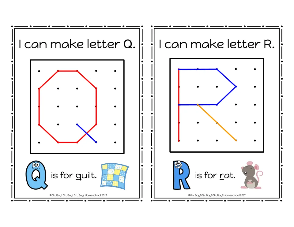 Uppercase Q and R geoboard cards showing rubber-band letter models and the picture words quilt and rat