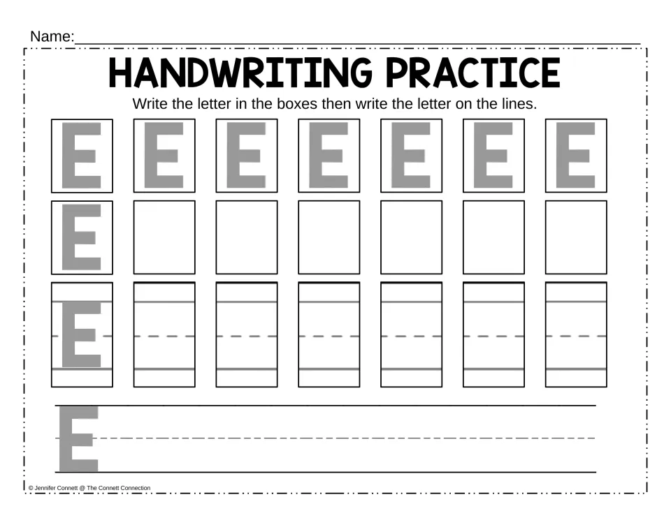 Uppercase E practice: students write E with its three crossbars in blank boxes, then repeat E along handwriting lines