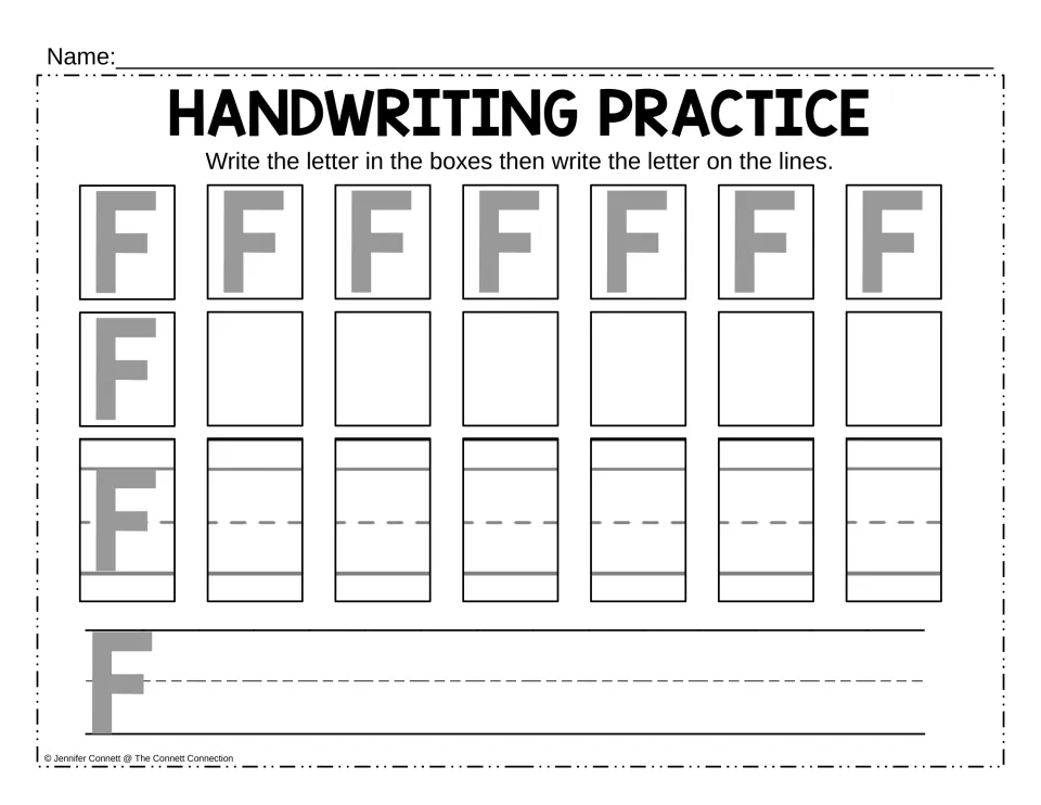 Capital F letter practice: students copy the gray F into empty boxes and sized rows, then write F across ruled lines