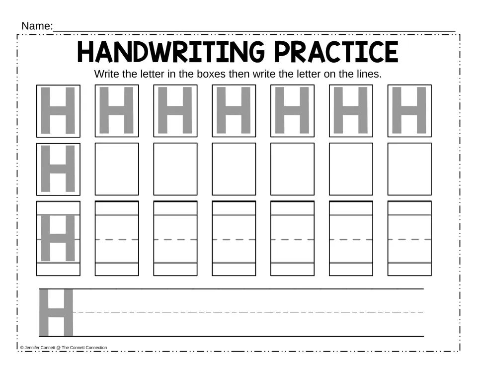 Capital H formation: students copy H's two tall lines and crossbar into boxes, then write H along a handwriting row