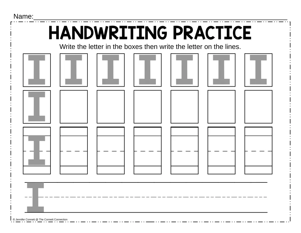 Uppercase I practice: students write I with its top and bottom bars in empty boxes, then repeat it on ruled lines