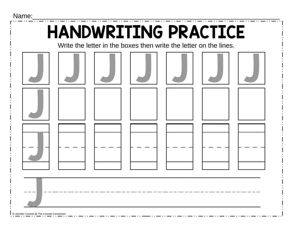 Capital J handwriting practice: students copy the hooked J into blank boxes, then write J across dashed-midline lines