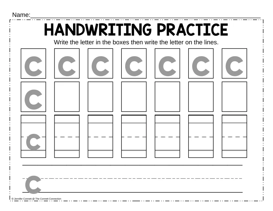 Lowercase c handwriting: students trace the curved gray c seven times, form c independently, then write c on ruled guides