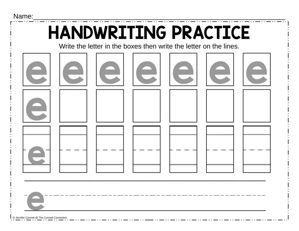 Lowercase e handwriting: students trace seven gray e letters, write e from memory, then practise e on a ruled row