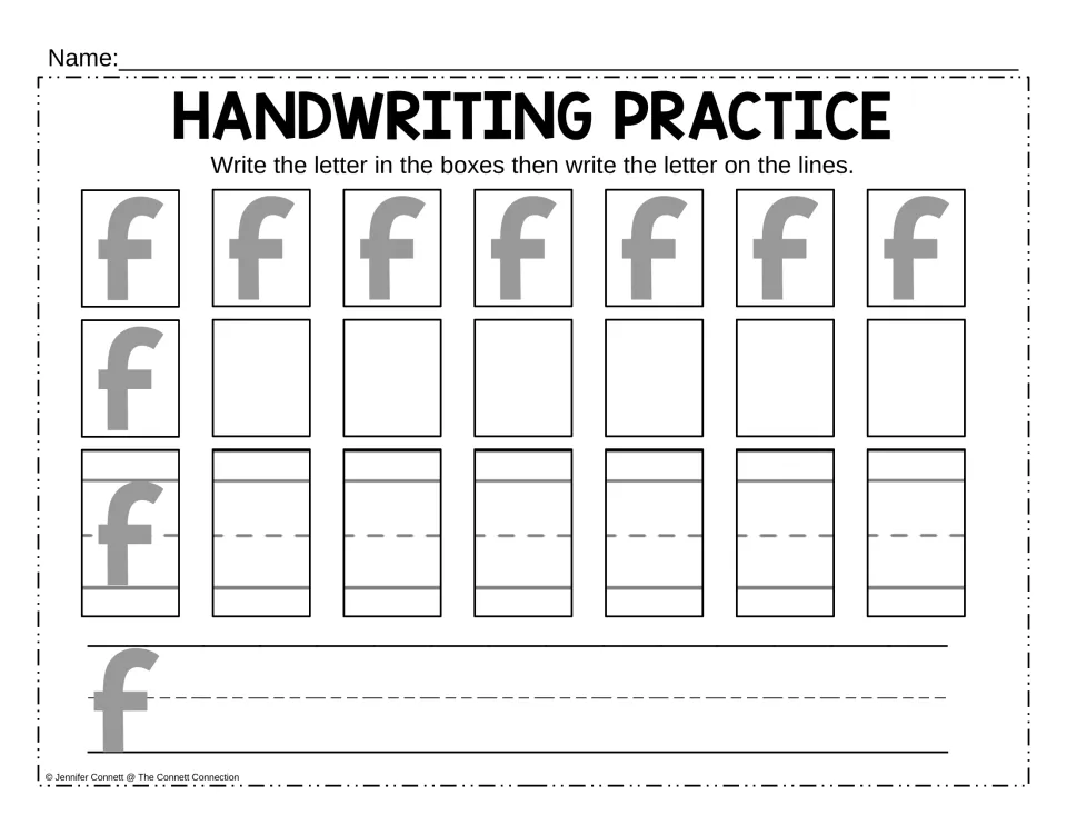 Lowercase f practice: students trace hooked gray f with its crossbar, copy f on their own, then write f on a ruled row