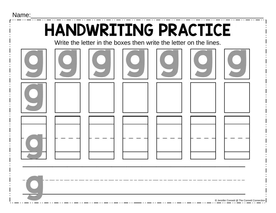 Lowercase g handwriting: students trace gray g letters, form g freehand, then write g with its tail below the baseline