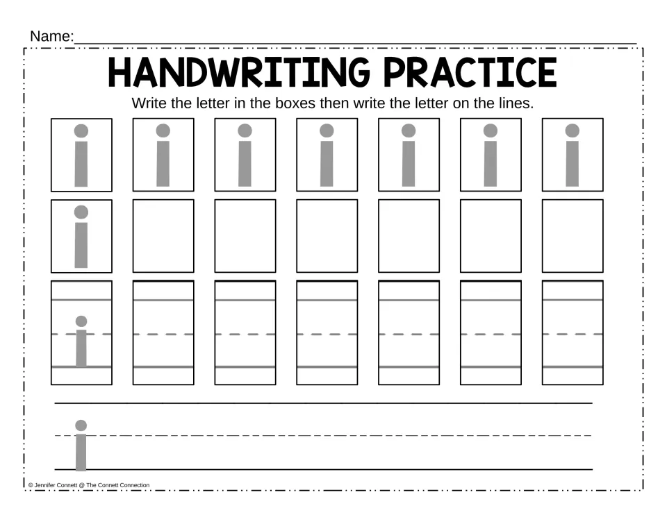 Lowercase i handwriting: students trace the gray i stroke and dot, write i independently, then repeat i on a ruled row