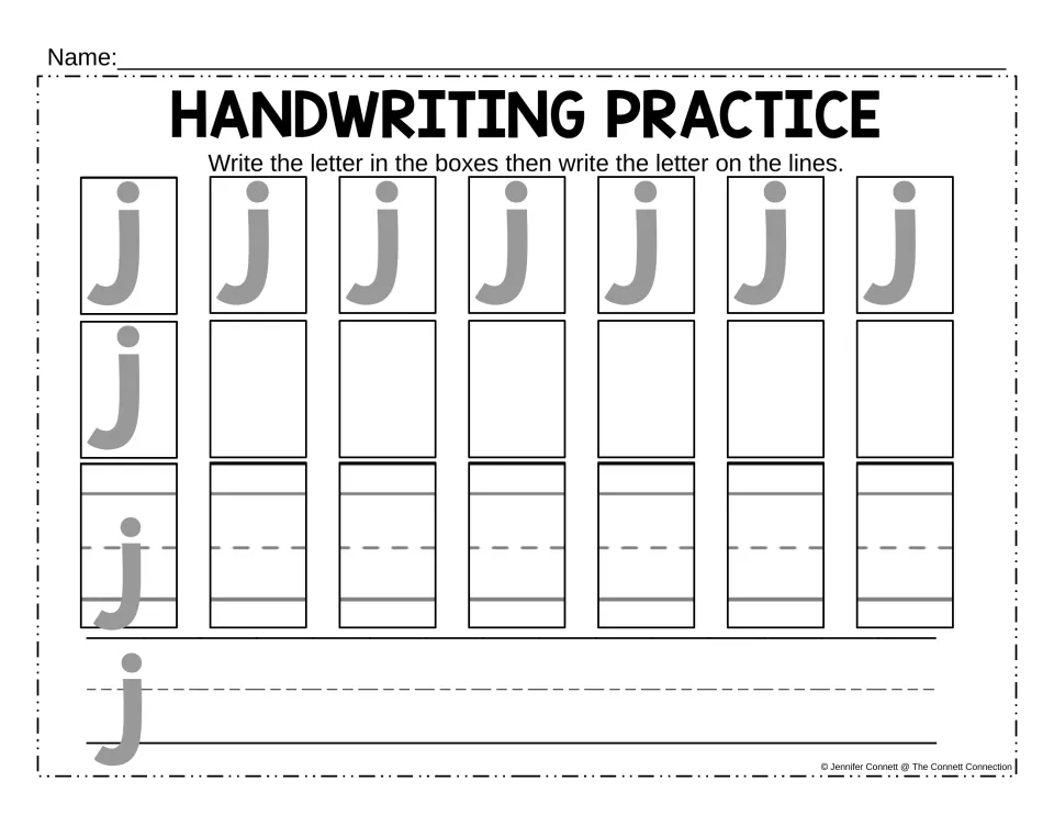 Lowercase j practice: students trace gray j letters with a dot and curved tail, copy j alone, then write j on a ruled row