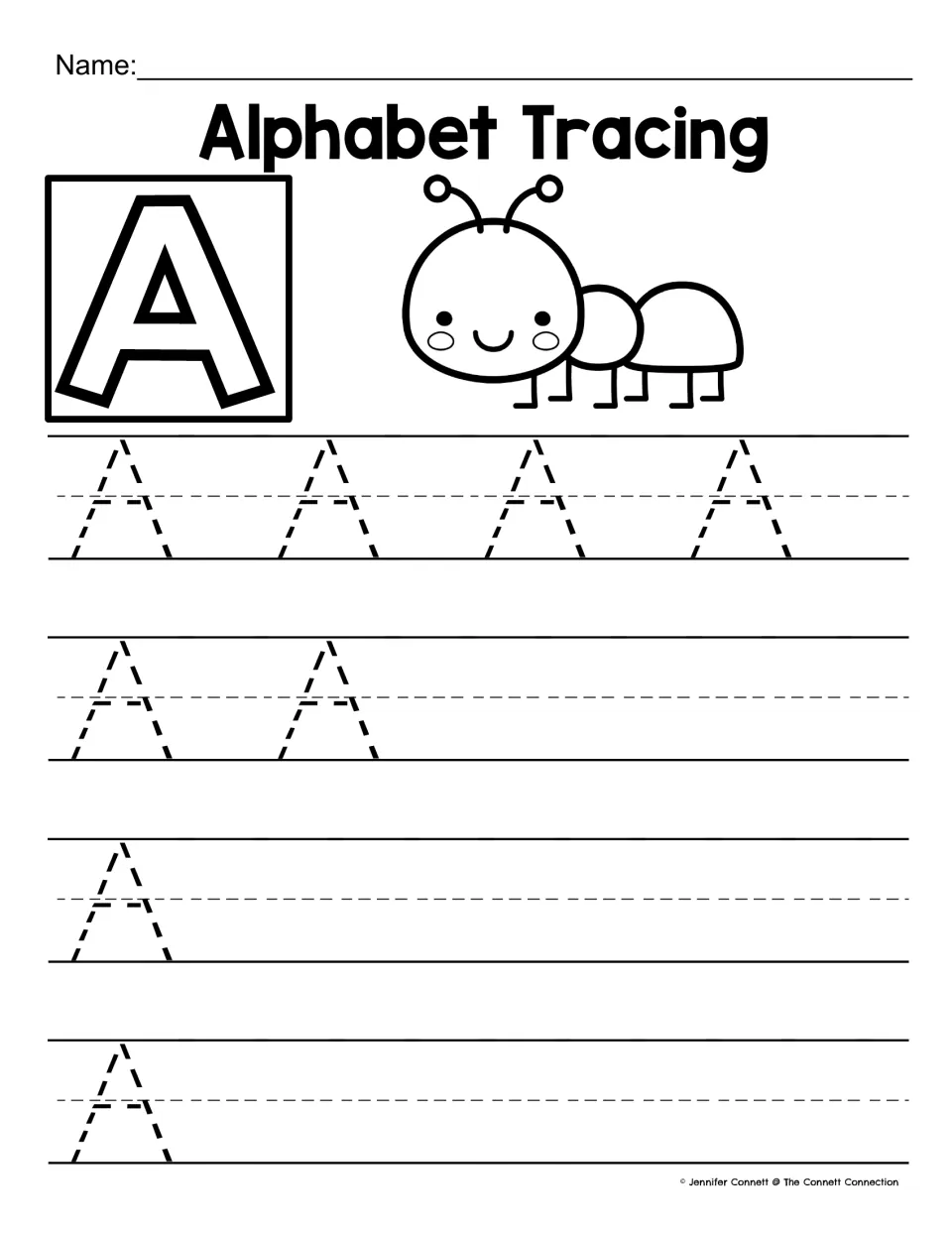 Alphabet Tracing letter A: a bold A and a smiling ant, then rows of dotted capital A's for students to trace