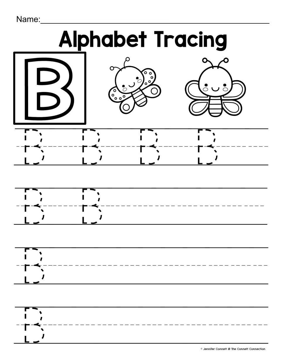 Capital B tracing: students follow dotted B's across four rows to practise letter formation, with two butterfly pictures