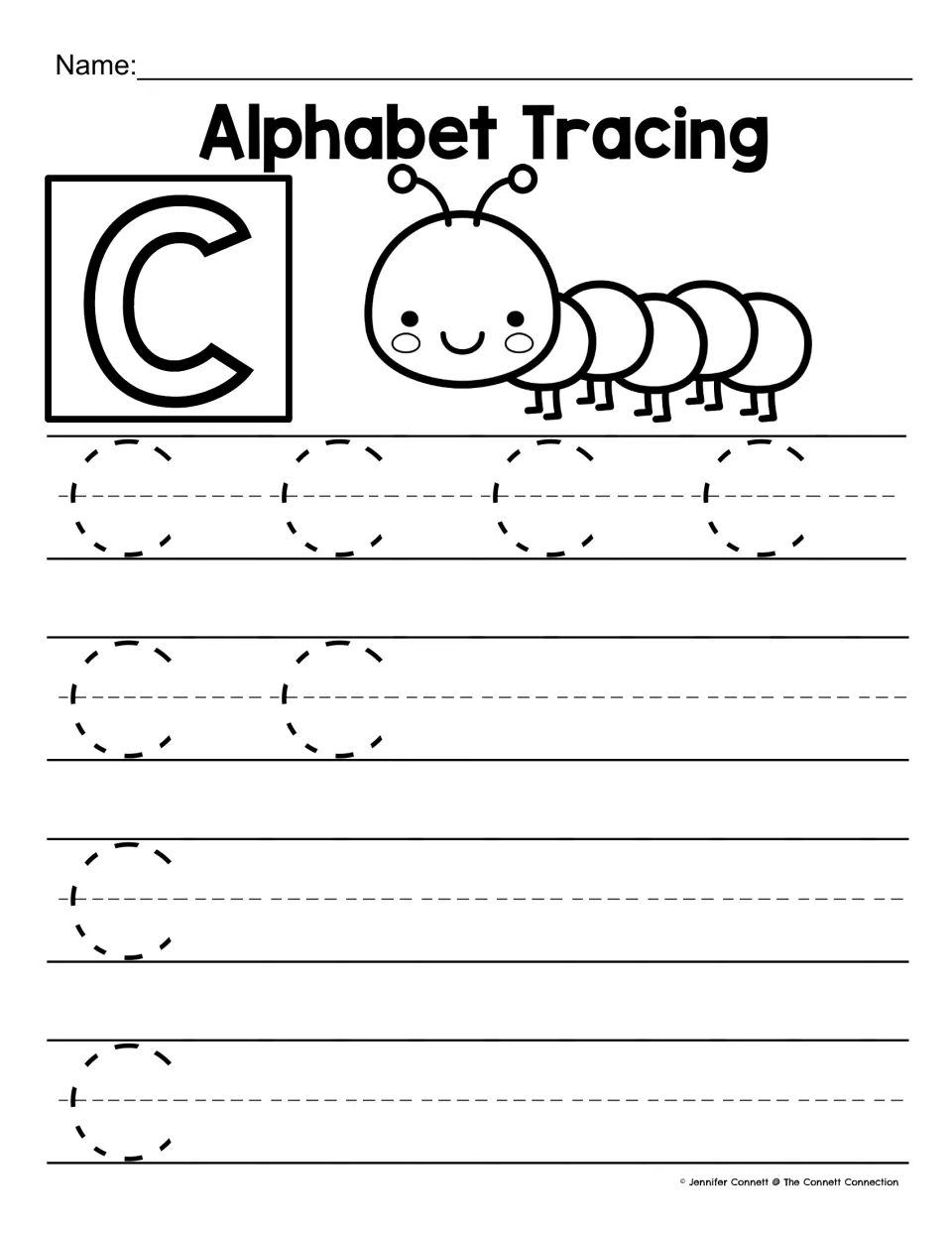 Letter C handwriting: a caterpillar picture beside a bold C, and students trace rows of dotted capital C curves