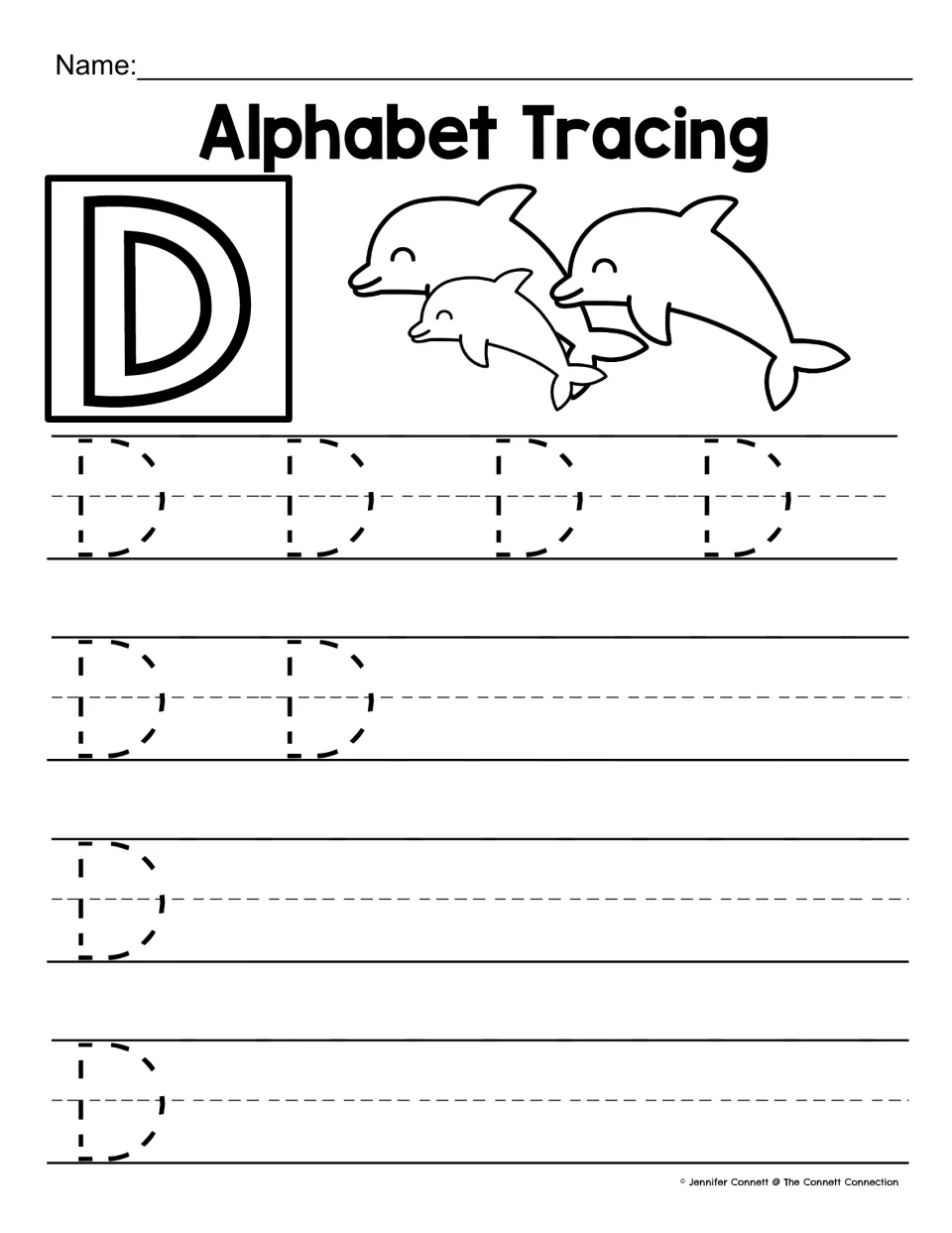 Capital D practice: three leaping dolphins and a bold D, then students trace dotted D's to practise forming the letter