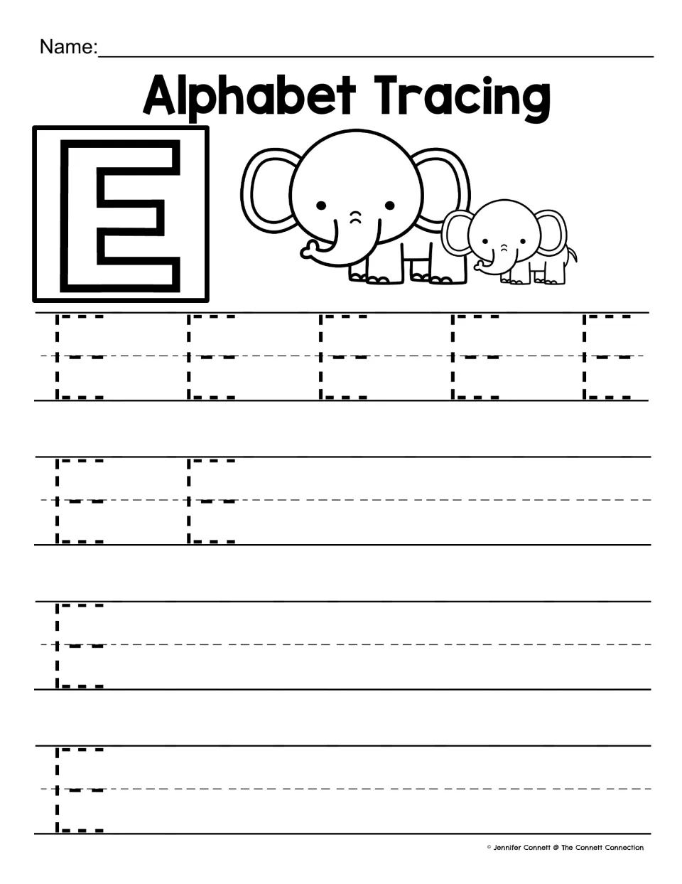 Letter E tracing: a parent and baby elephant beside a bold E; students trace dotted capital E's, fewer per row