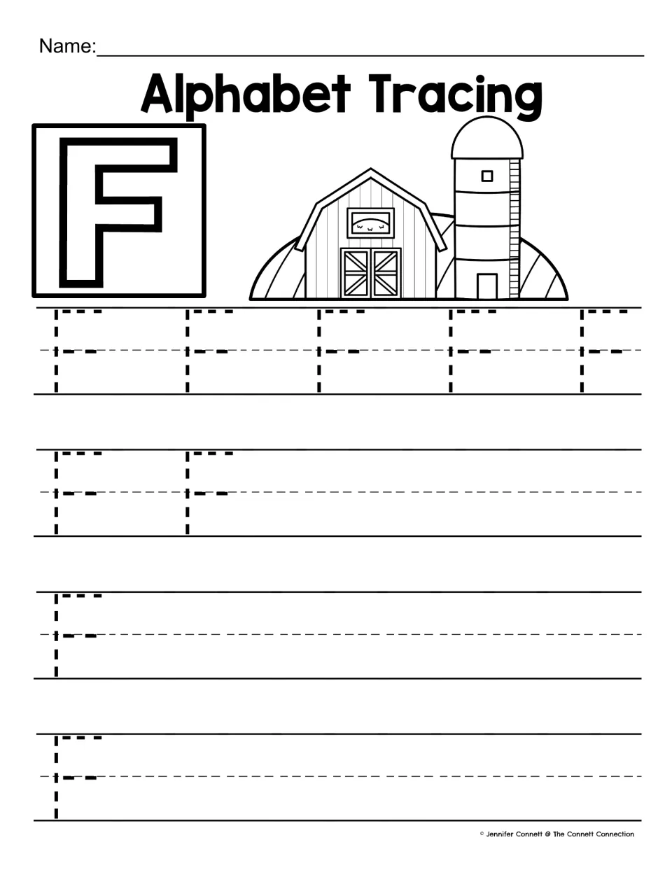 Capital F handwriting: a farm barn and silo picture, with dotted F's for students to trace and practise straight strokes