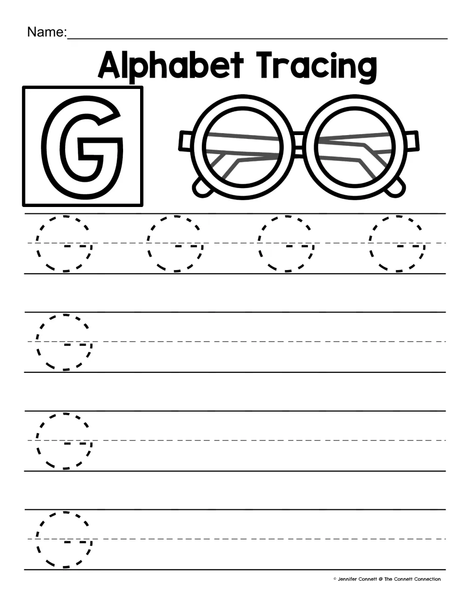 Letter G tracing: round glasses next to a bold G, and students trace dotted capital G's to form the curve and bar