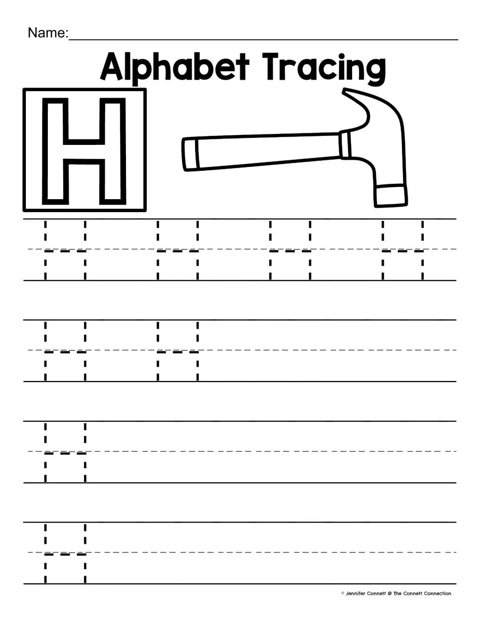 Capital H practice: a hammer picture and bold H, then students trace dotted H's made of two tall strokes and a crossbar