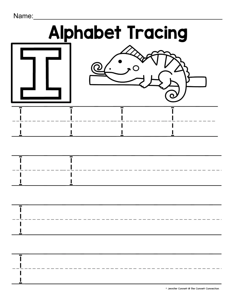 Letter I handwriting: a lizard on a branch beside a bold I; students trace dotted capital I's with top and bottom bars