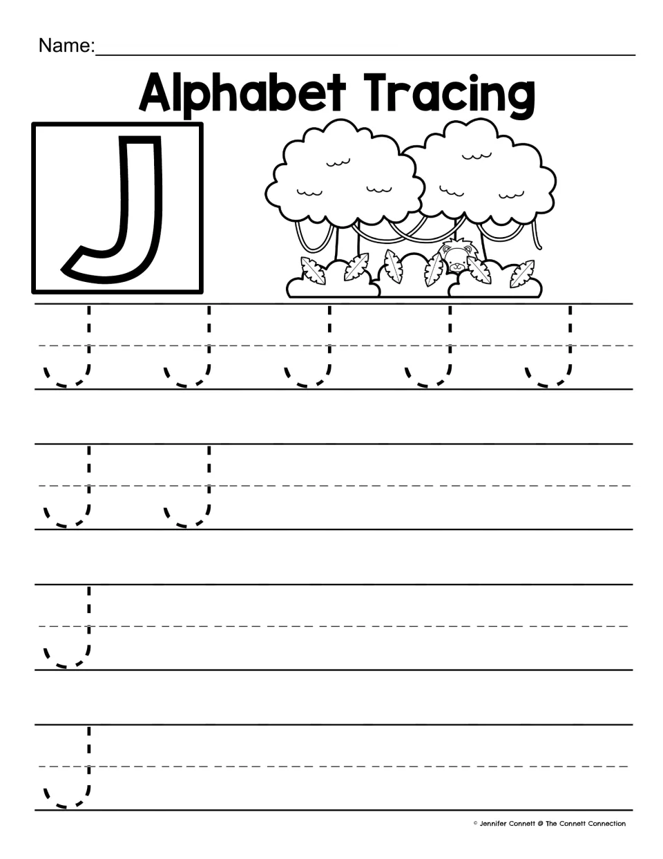Capital J tracing: jungle trees with vines and a peeking monkey beside a bold J; students trace dotted capital J's