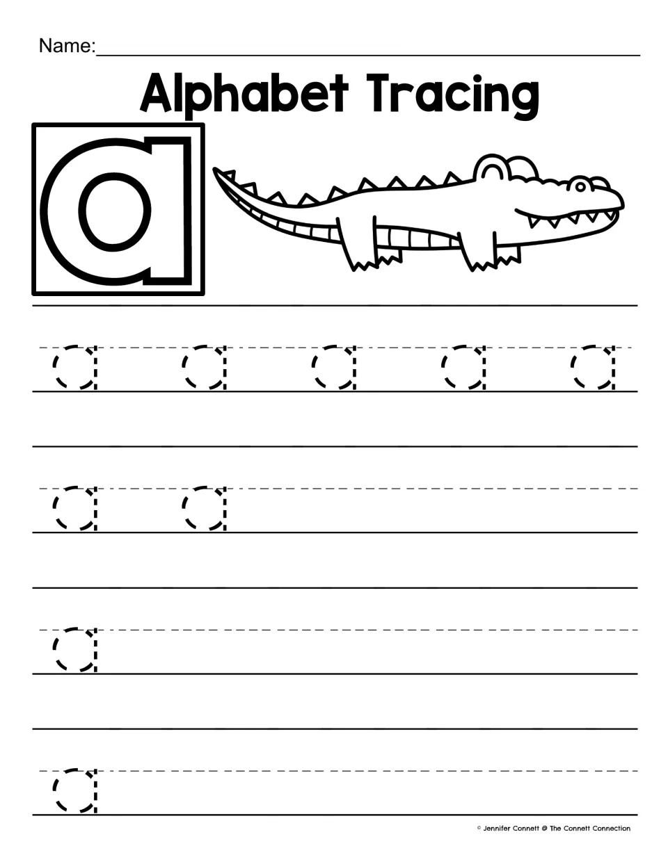 Lowercase a tracing: students trace 9 dotted a's, then write the letter on their own beside an alligator picture